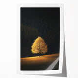 Minimalist Mountain Wall Art – Golden Tree in Sunlight Print