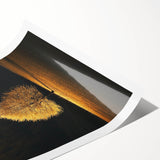Minimalist Mountain Wall Art – Golden Tree in Sunlight Print