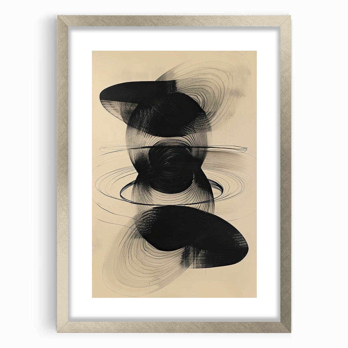 Geometric Minimalist Abstract Wall Art – Black Swirl on Beige Print