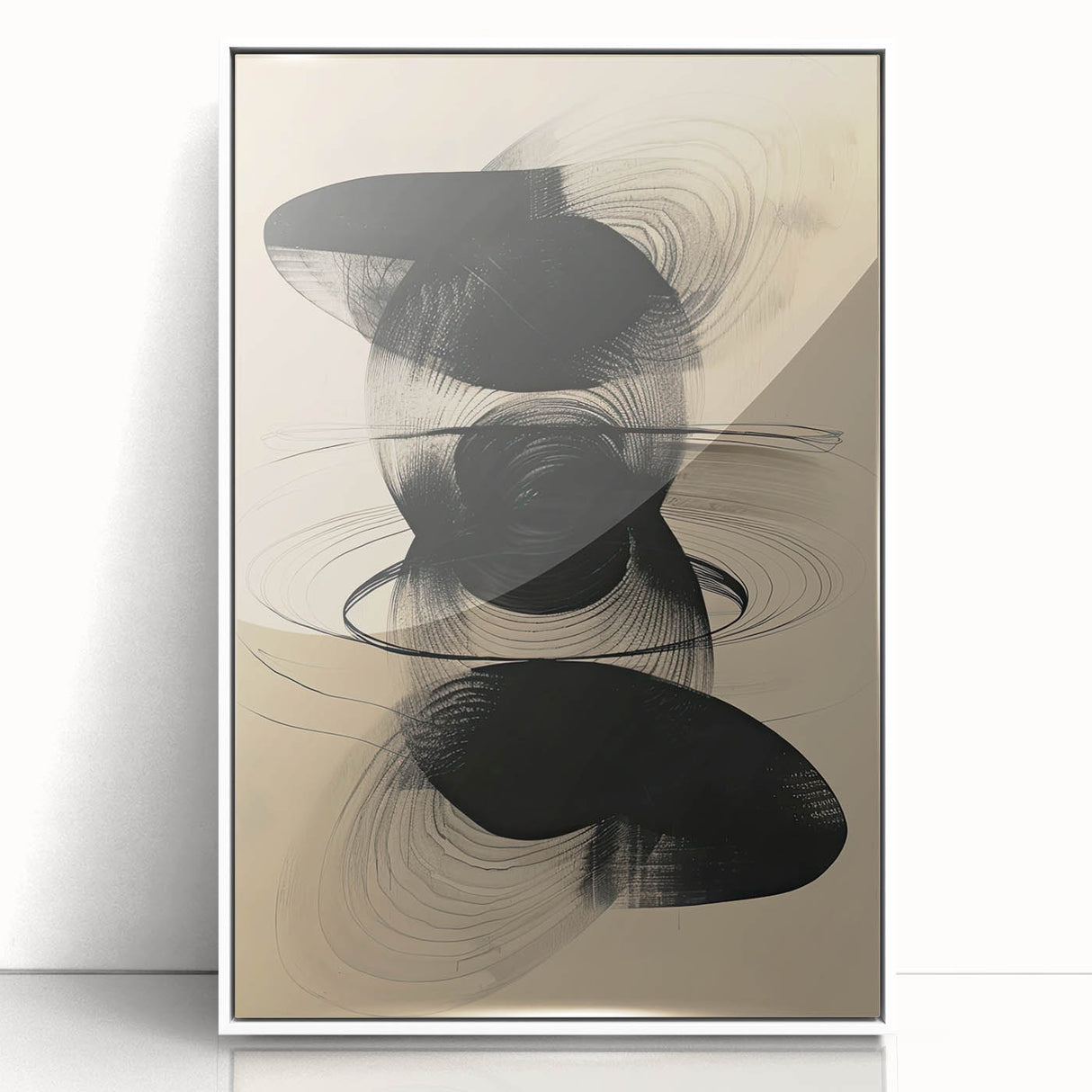 Geometric Minimalist Abstract Wall Art – Black Swirl on Beige Print
