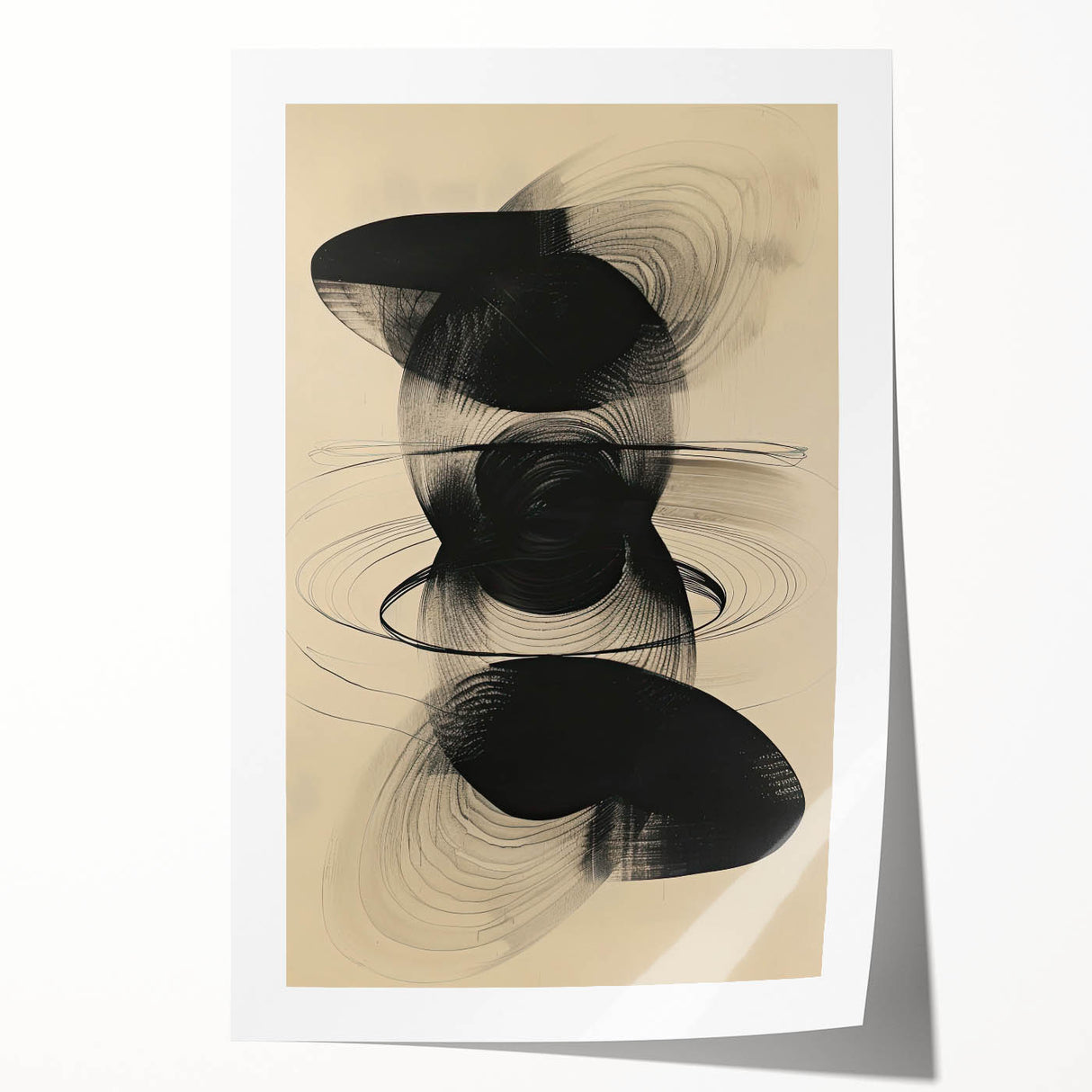 Geometric Minimalist Abstract Wall Art – Black Swirl on Beige Print
