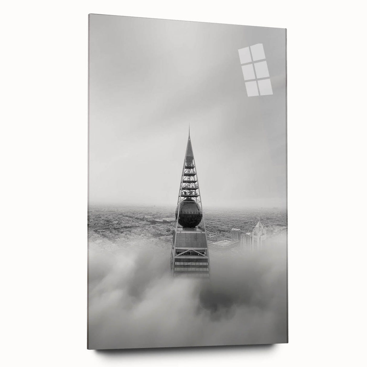 Cityscape photography prints – Iconic spire above the city clouds