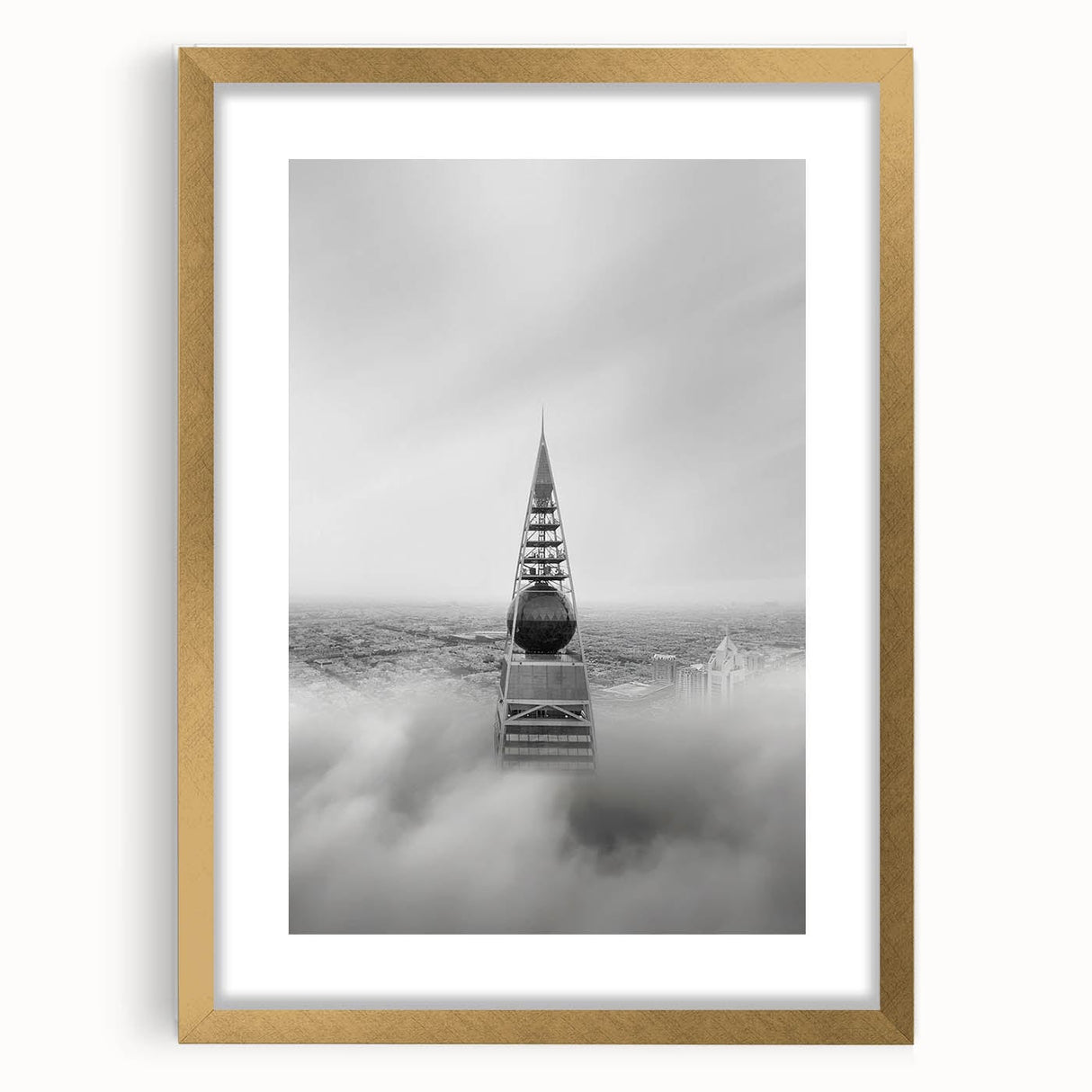 Cityscape photography prints – Iconic spire above the city clouds