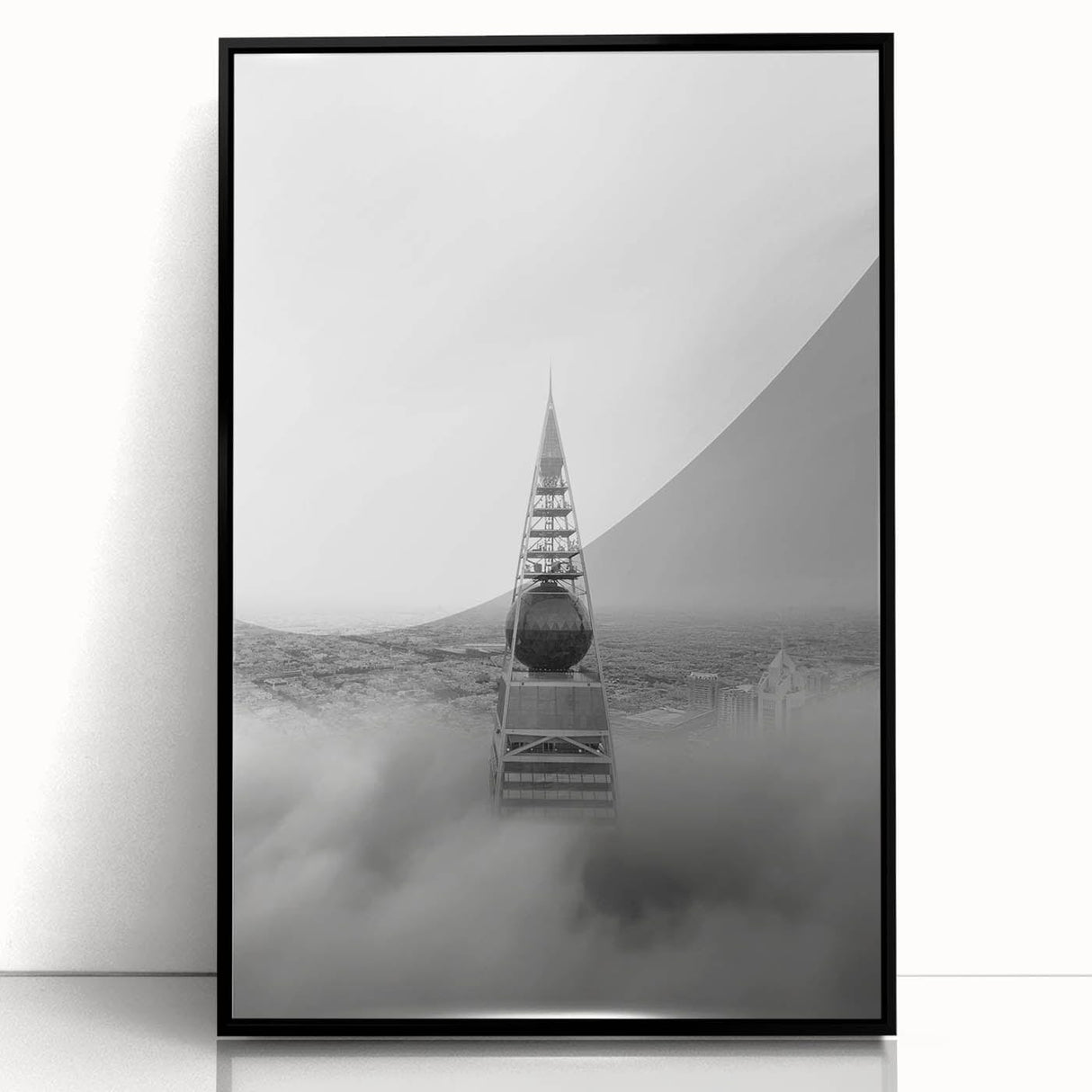Cityscape photography prints – Iconic spire above the city clouds