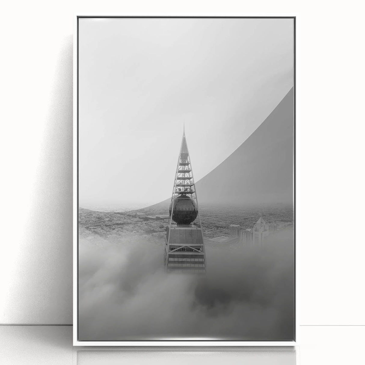 Cityscape photography prints – Iconic spire above the city clouds