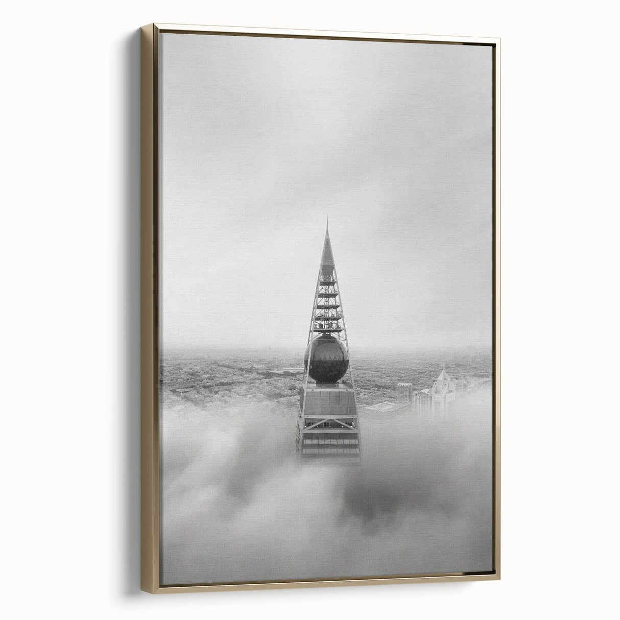 Cityscape photography prints – Iconic spire above the city clouds
