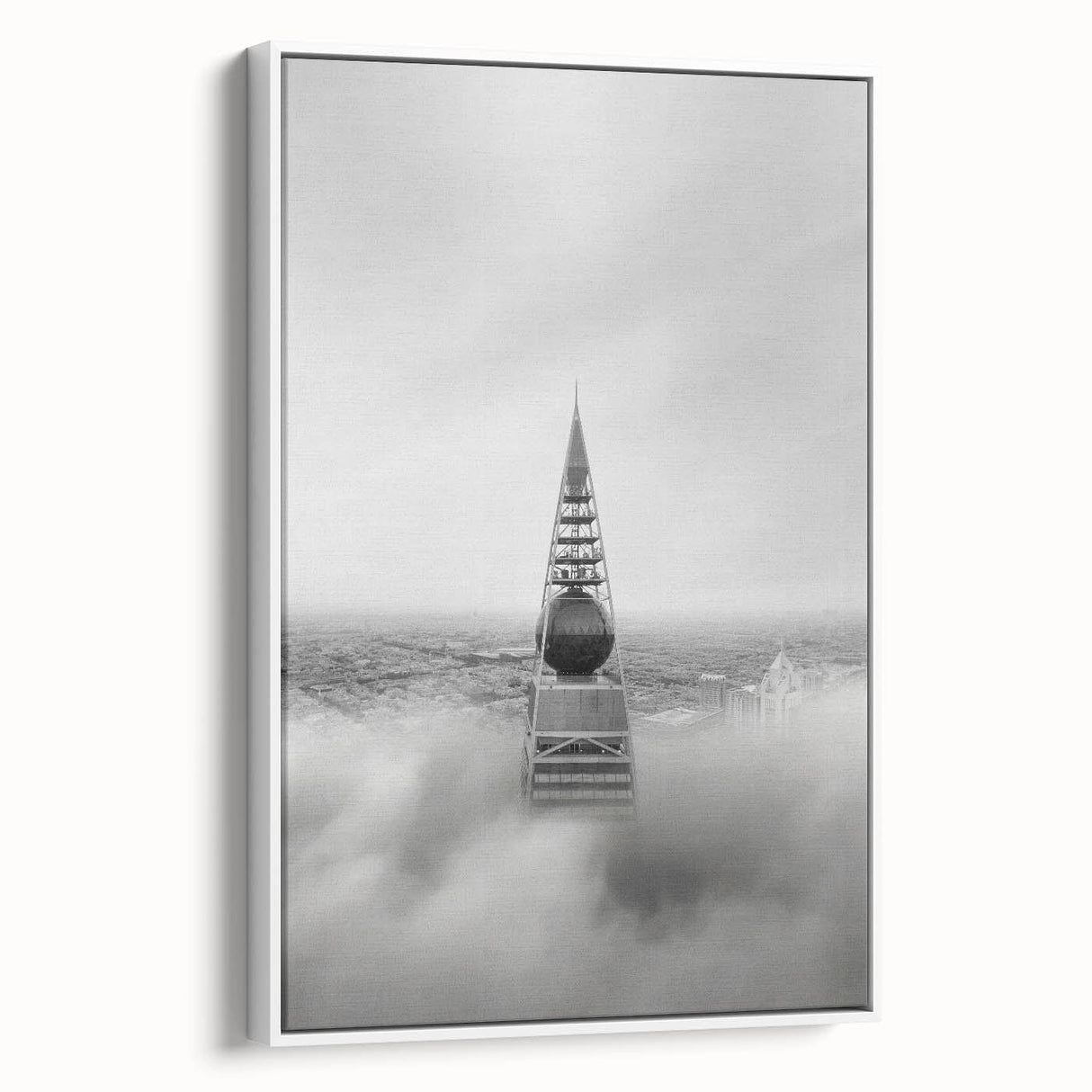 Cityscape photography prints – Iconic spire above the city clouds