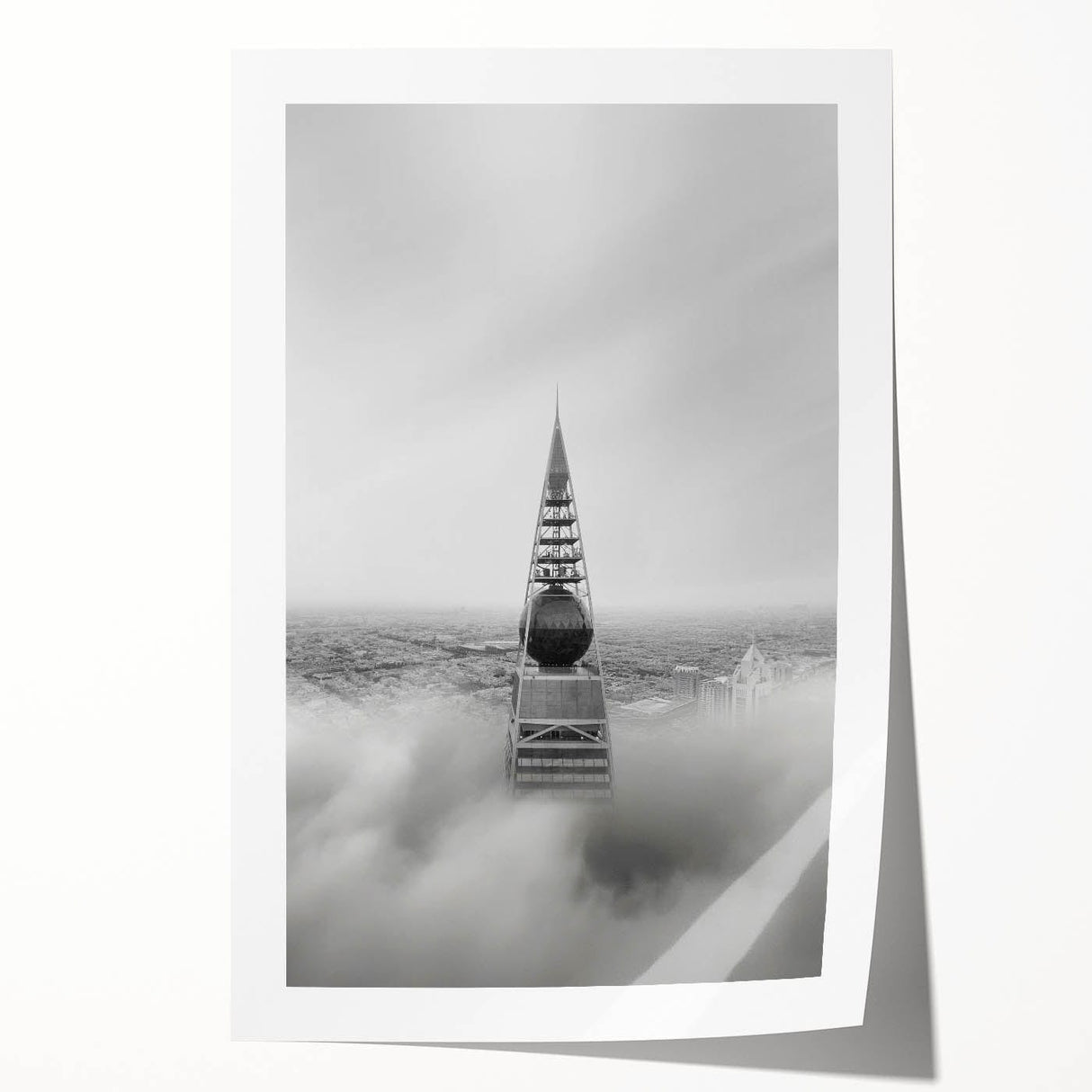 Cityscape photography prints – Iconic spire above the city clouds