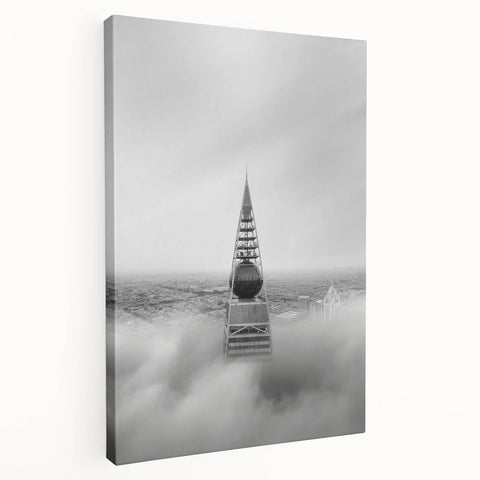 Cityscape photography prints – Iconic spire above the city clouds