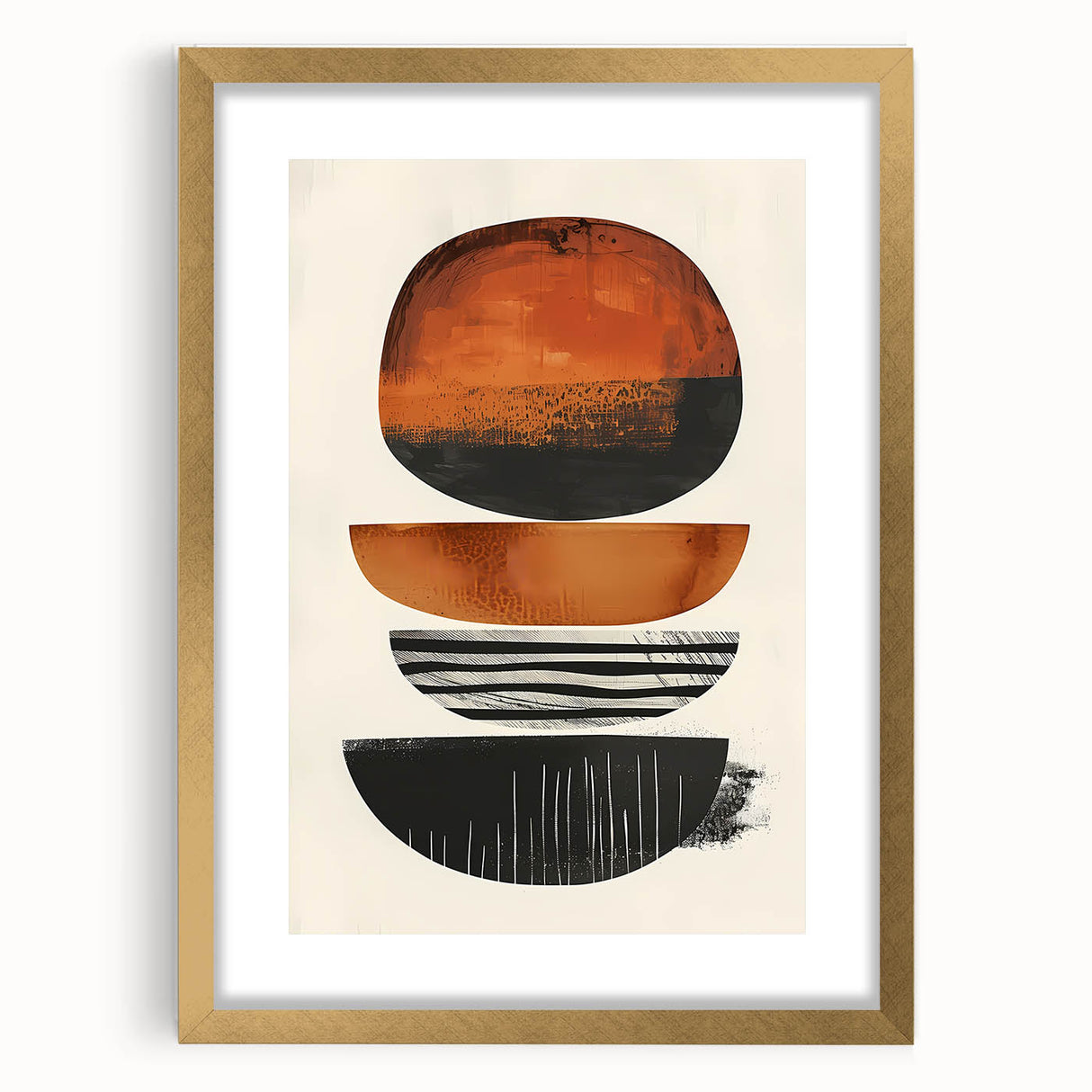 Neutral Abstract Prints – Stacked Burnt Orange and Black Shapes Art