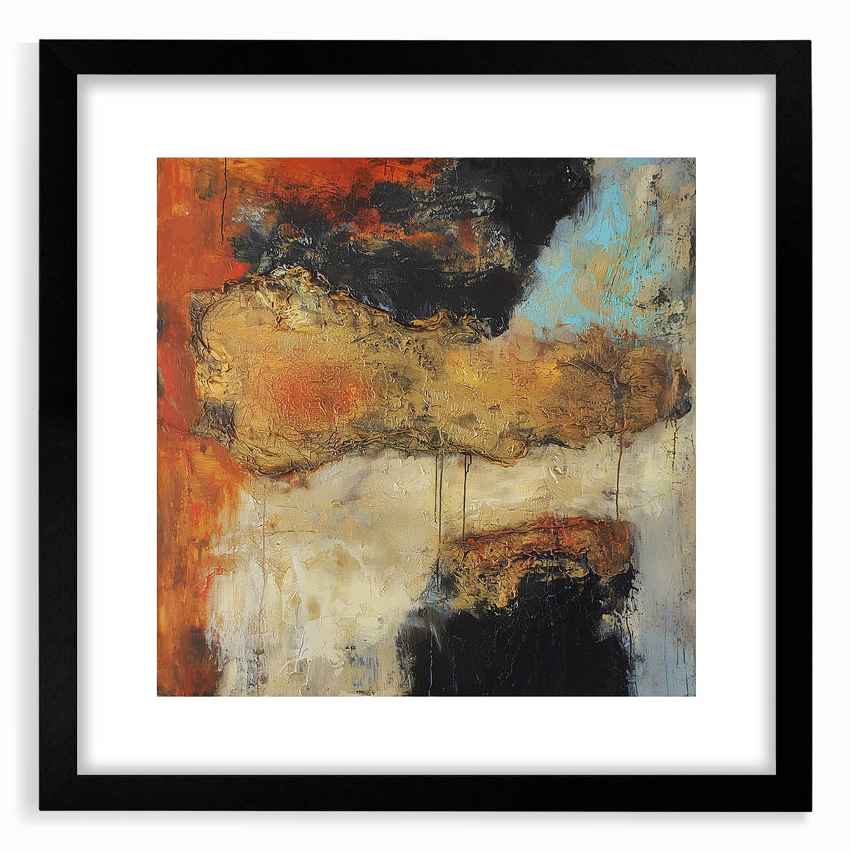 Abstract Wall Art – Fiery Earth Textures with Gold and Sky Blue Accents