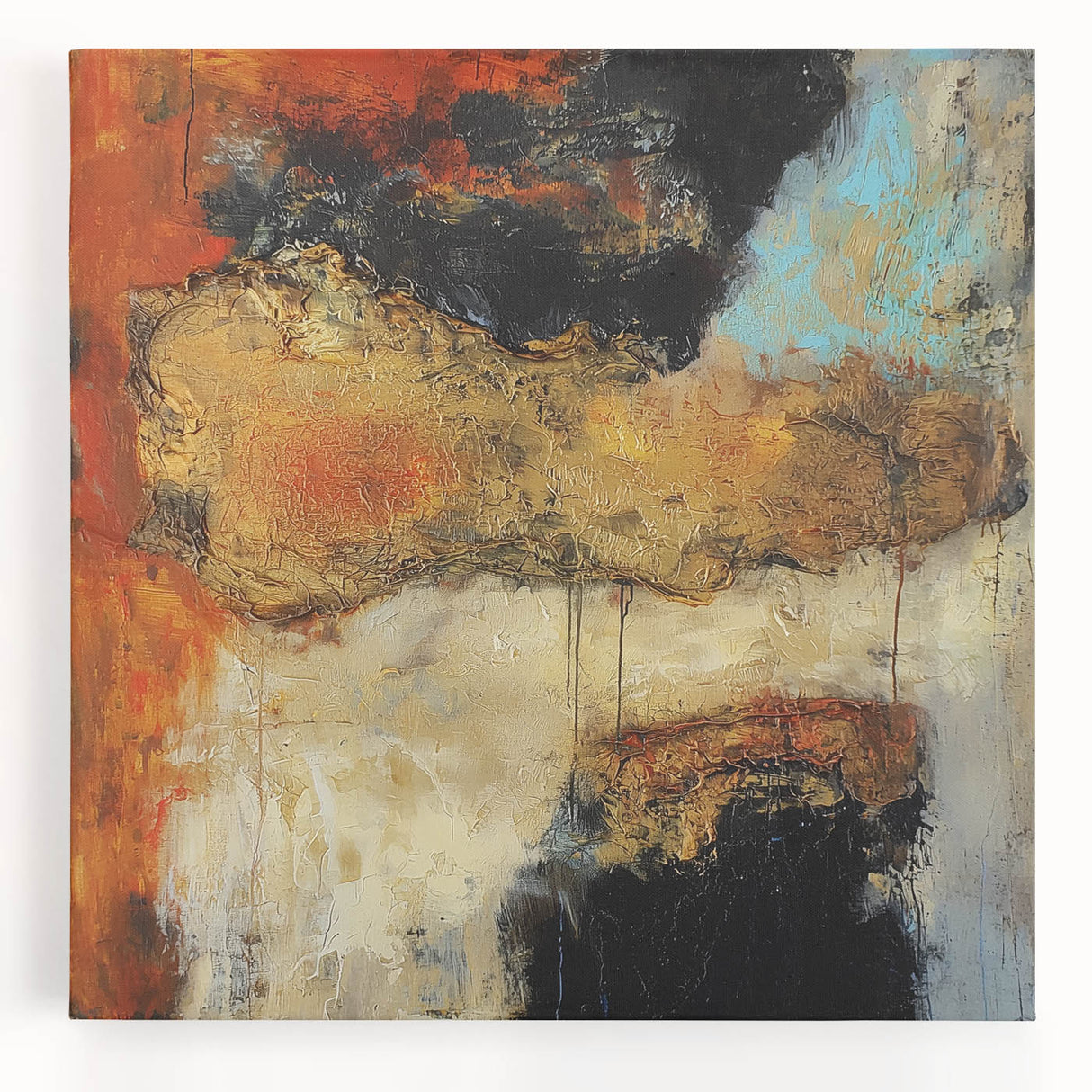 Abstract Wall Art – Fiery Earth Textures with Gold and Sky Blue Accents
