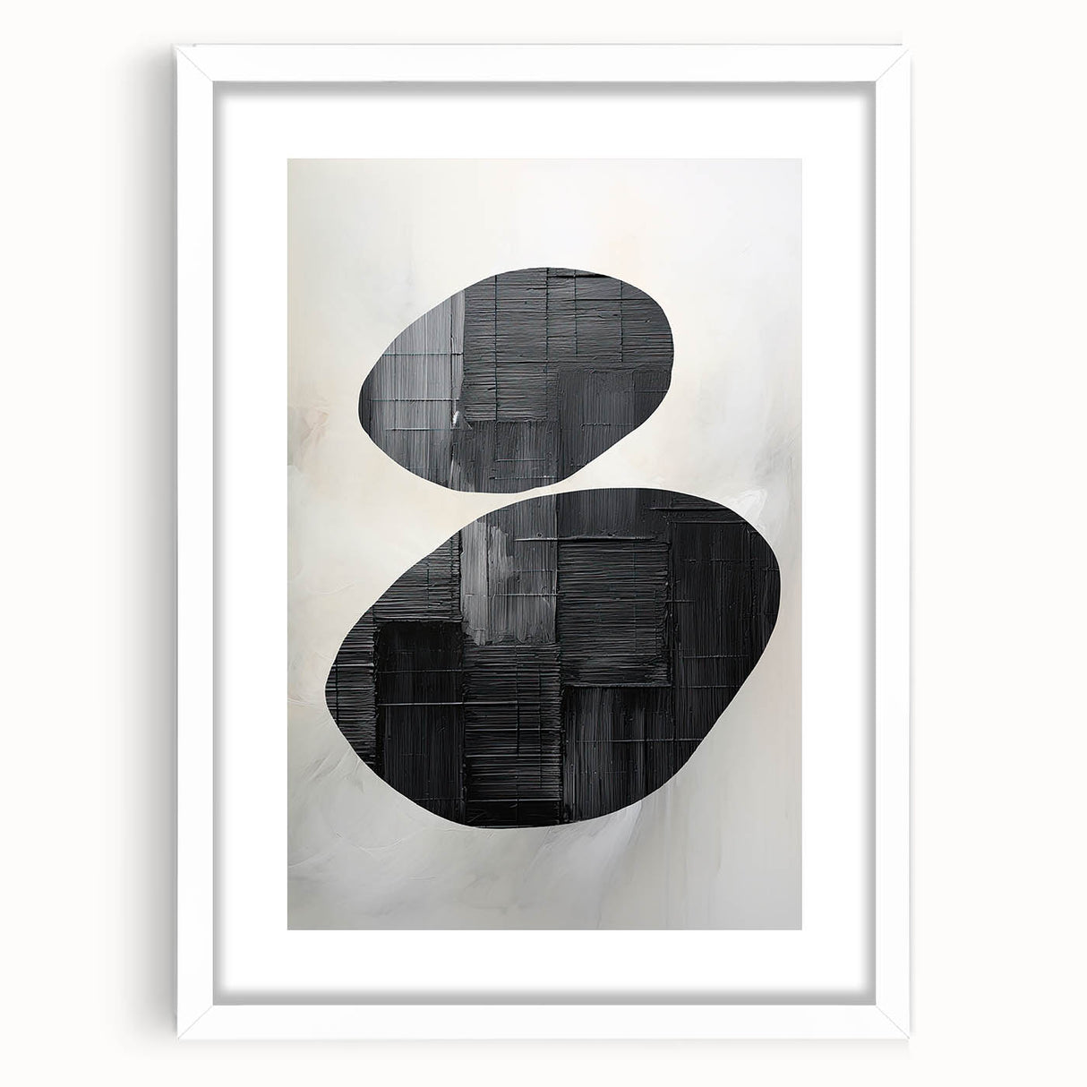Contemporary Canvas Art – Textured Black Forms on Misty White