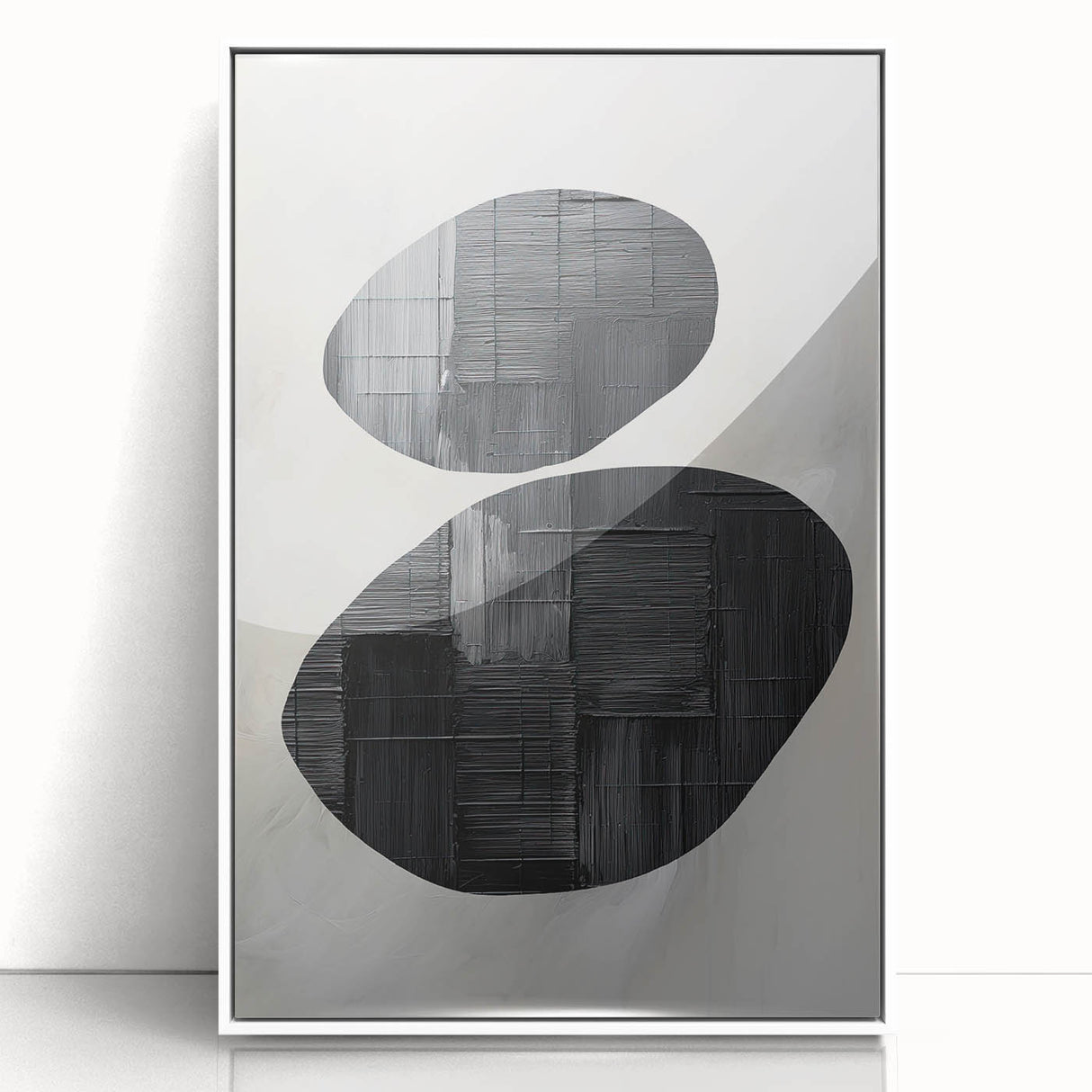 Contemporary Canvas Art – Textured Black Forms on Misty White