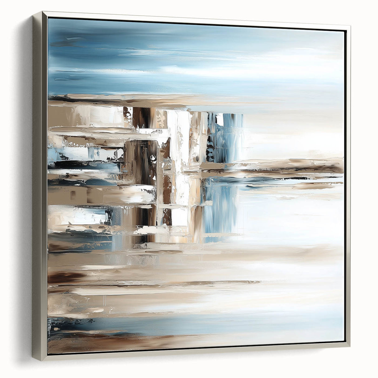 Earth Tone Art – Coastal Abstract Canvas in Blue, Beige & White