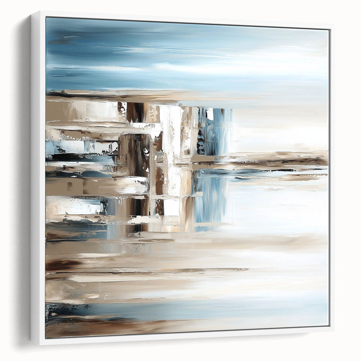 Earth Tone Art – Coastal Abstract Canvas in Blue, Beige & White