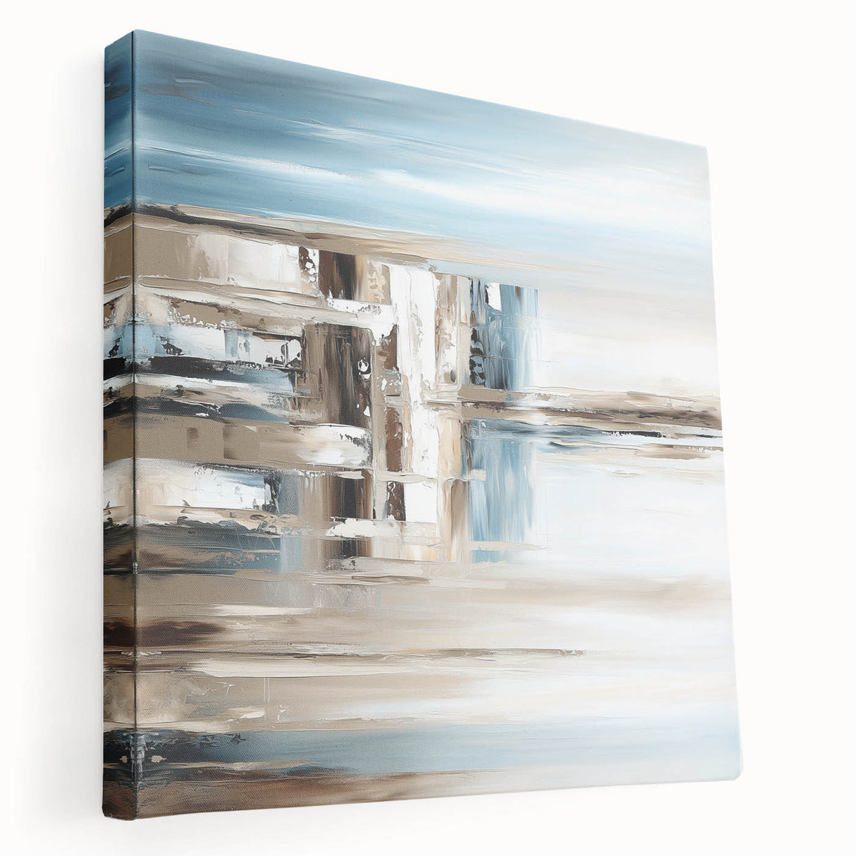 Earth Tone Art – Coastal Abstract Canvas in Blue, Beige & White