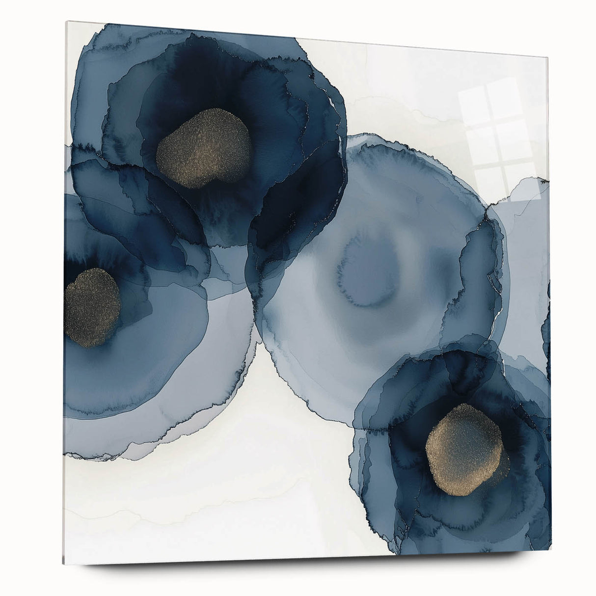 Abstract Wall Art – Navy and Gold Floral Ink Wash with Modern Flow