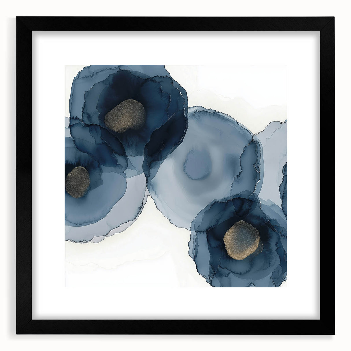 Abstract Wall Art – Navy and Gold Floral Ink Wash with Modern Flow