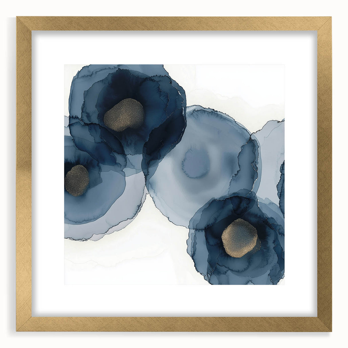 Abstract Wall Art – Navy and Gold Floral Ink Wash with Modern Flow
