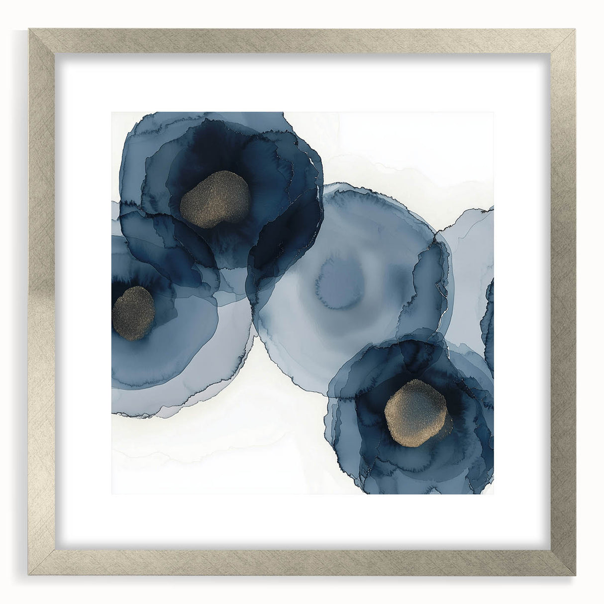 Abstract Wall Art – Navy and Gold Floral Ink Wash with Modern Flow