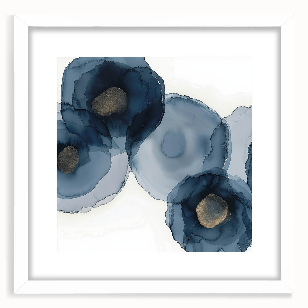 Abstract Wall Art – Navy and Gold Floral Ink Wash with Modern Flow