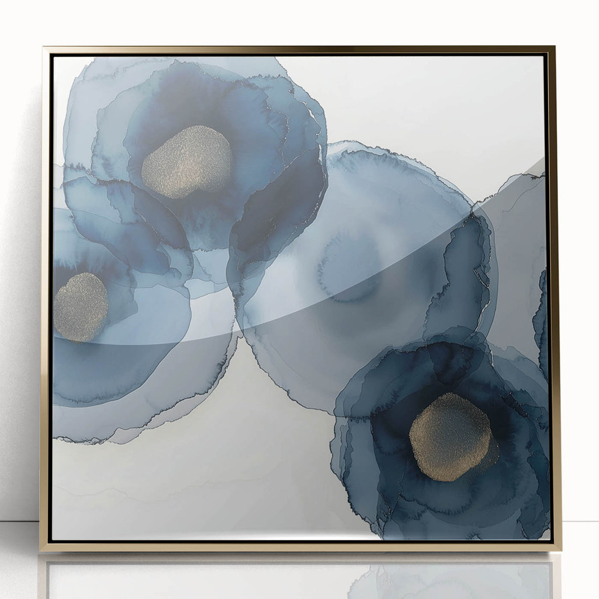 Abstract Wall Art – Navy and Gold Floral Ink Wash with Modern Flow