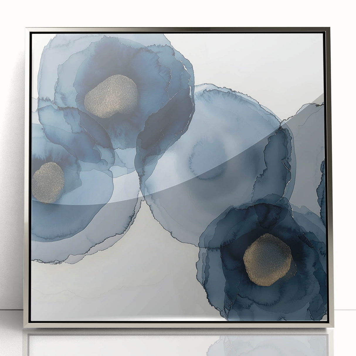 Abstract Wall Art – Navy and Gold Floral Ink Wash with Modern Flow