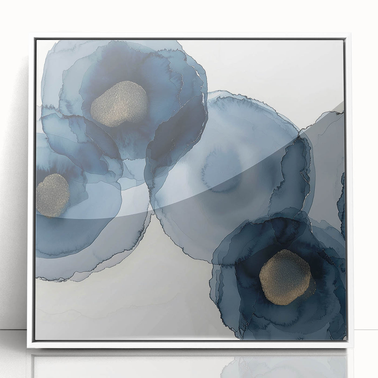 Abstract Wall Art – Navy and Gold Floral Ink Wash with Modern Flow