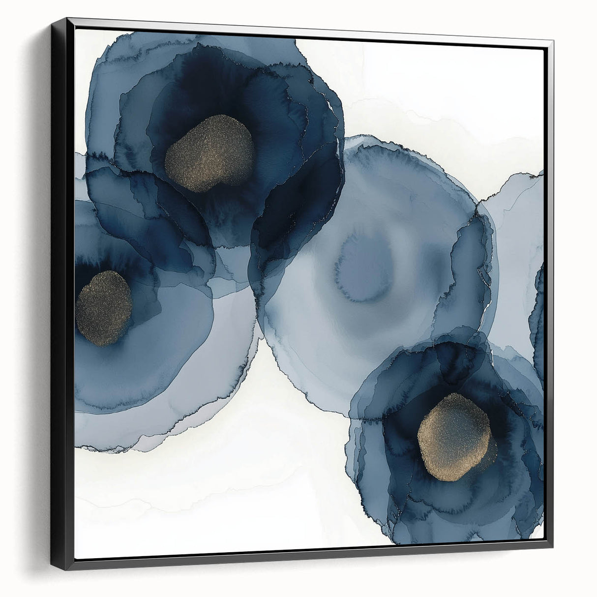 Abstract Wall Art – Navy and Gold Floral Ink Wash with Modern Flow