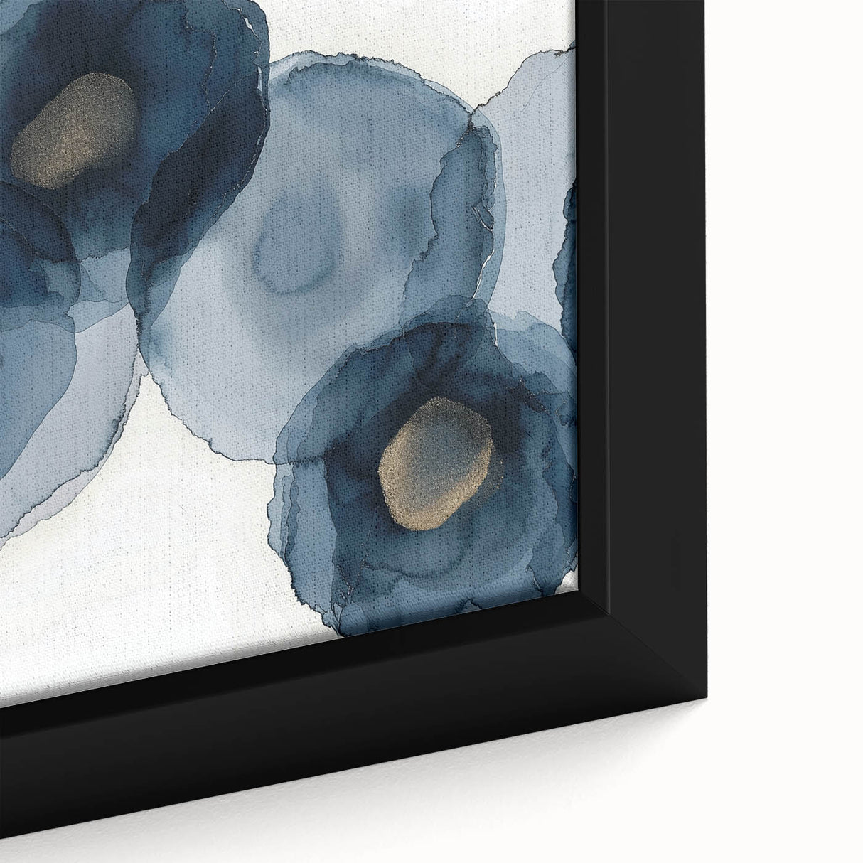 Abstract Wall Art – Navy and Gold Floral Ink Wash with Modern Flow
