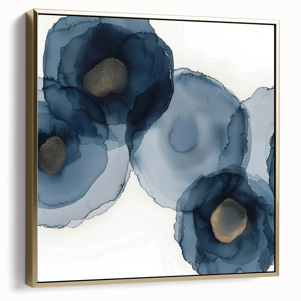 Abstract Wall Art – Navy and Gold Floral Ink Wash with Modern Flow