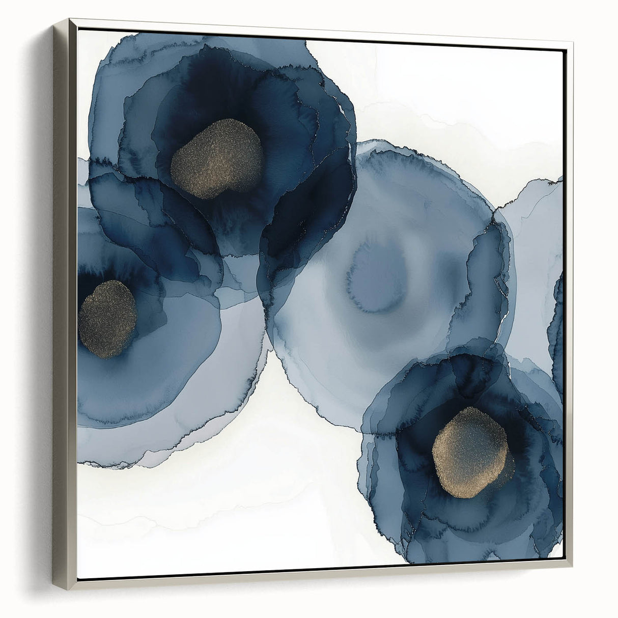 Abstract Wall Art – Navy and Gold Floral Ink Wash with Modern Flow