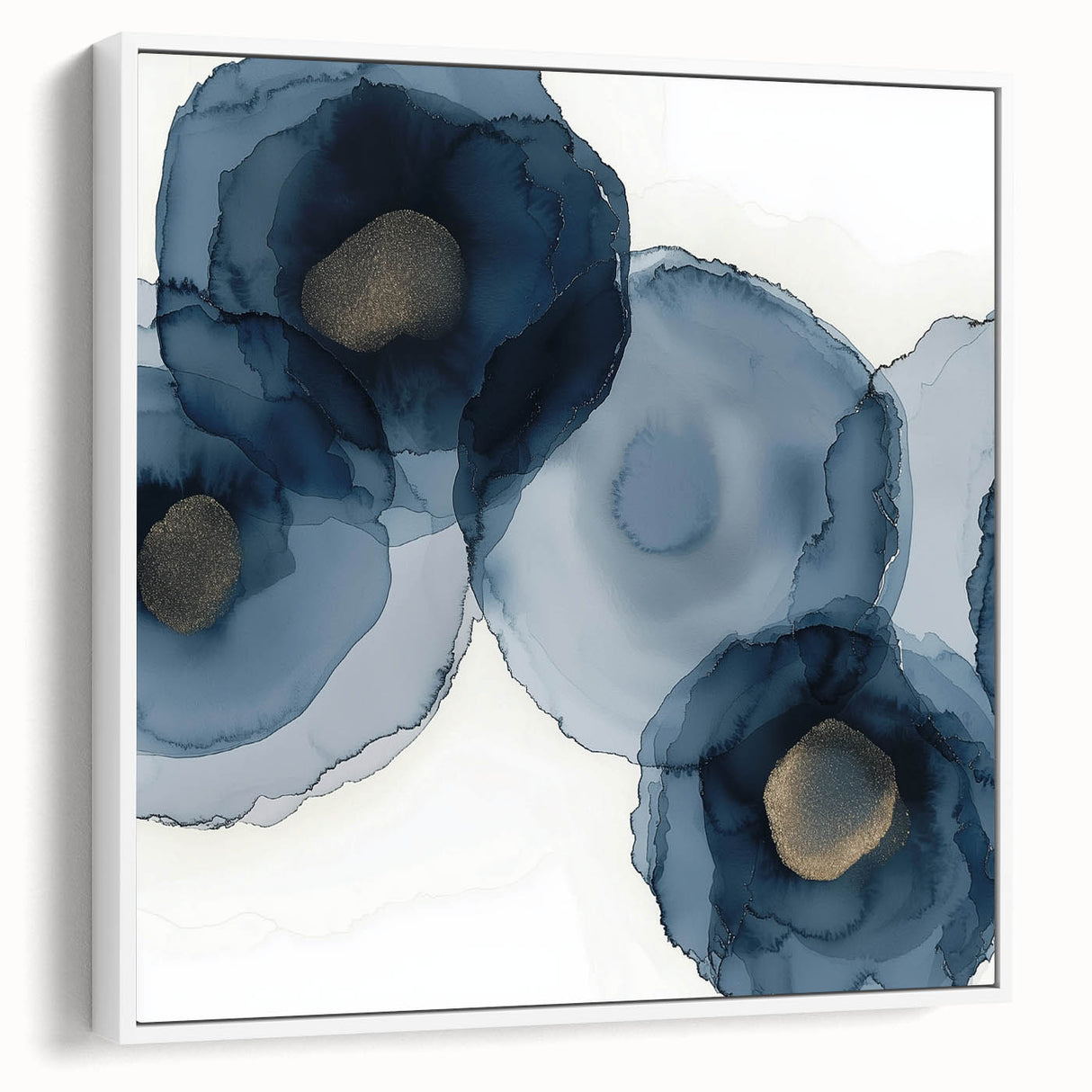 Abstract Wall Art – Navy and Gold Floral Ink Wash with Modern Flow