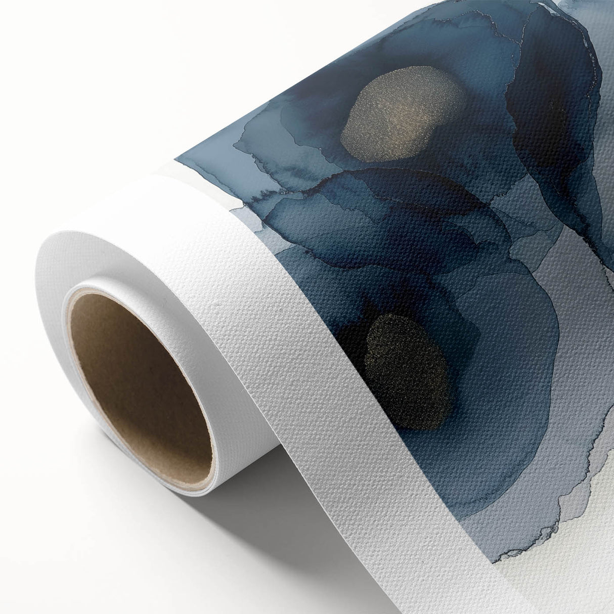 Abstract Wall Art – Navy and Gold Floral Ink Wash with Modern Flow