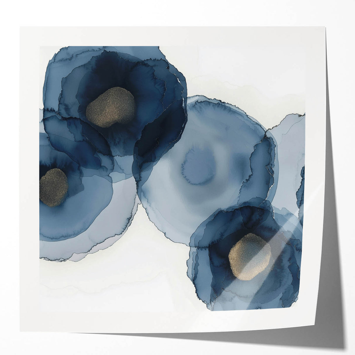 Abstract Wall Art – Navy and Gold Floral Ink Wash with Modern Flow