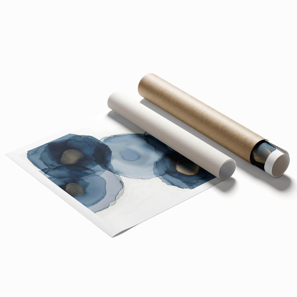 Abstract Wall Art – Navy and Gold Floral Ink Wash with Modern Flow