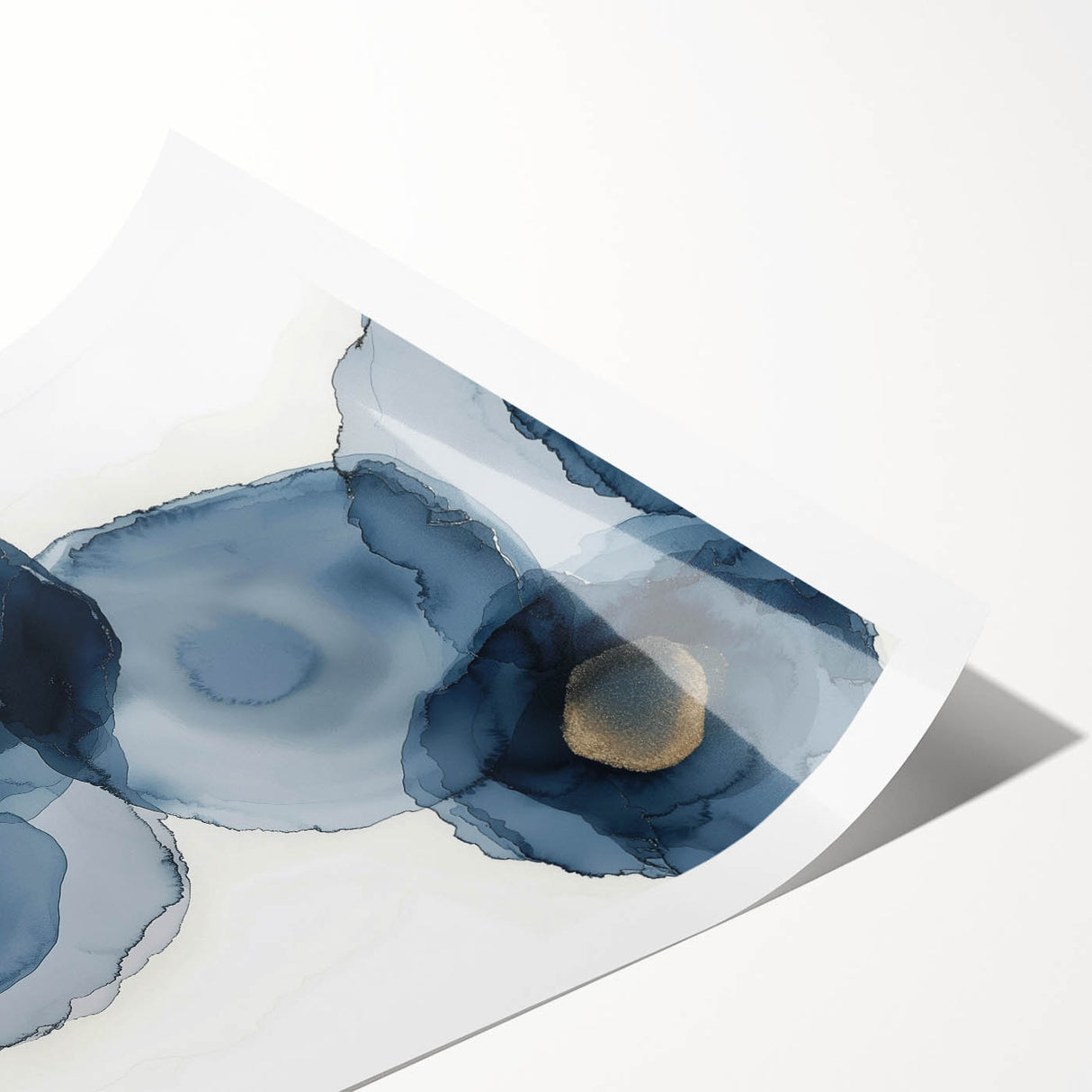 Abstract Wall Art – Navy and Gold Floral Ink Wash with Modern Flow