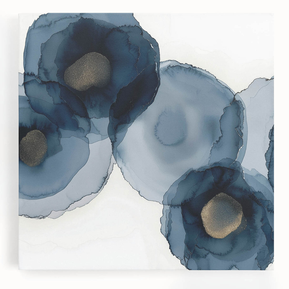 Abstract Wall Art – Navy and Gold Floral Ink Wash with Modern Flow