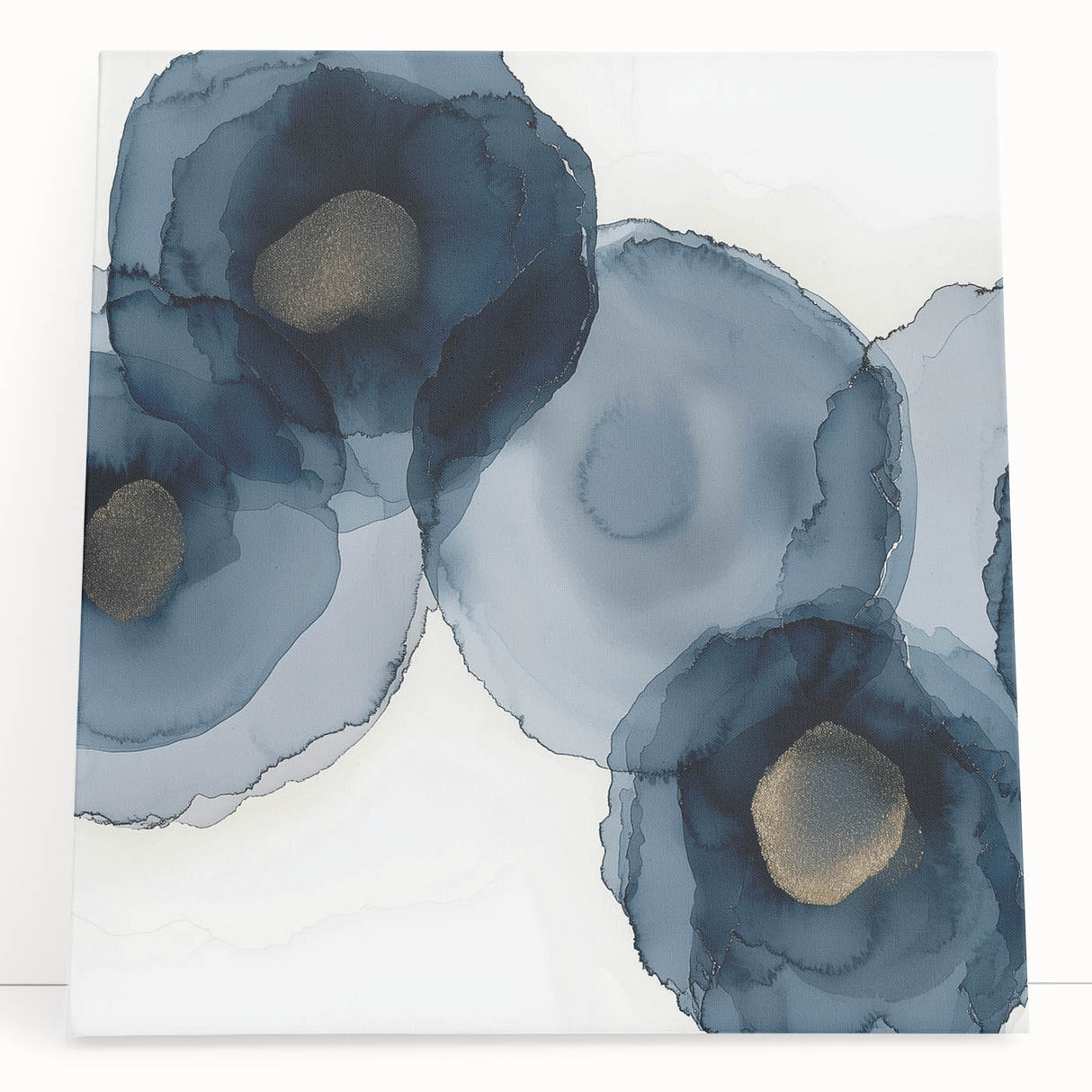 Abstract Wall Art – Navy and Gold Floral Ink Wash with Modern Flow
