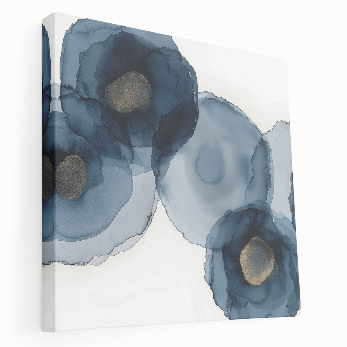 Abstract Wall Art – Navy and Gold Floral Ink Wash with Modern Flow