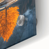 Minimalist Mountain Scene Art – Golden Tree & Lake Reflection Print