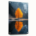 Minimalist Mountain Scene Art – Golden Tree & Lake Reflection Print