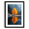 Minimalist Mountain Scene Art – Golden Tree & Lake Reflection Print