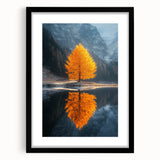 Minimalist Mountain Scene Art – Golden Tree & Lake Reflection Print