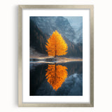 Minimalist Mountain Scene Art – Golden Tree & Lake Reflection Print