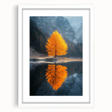 Minimalist Mountain Scene Art – Golden Tree & Lake Reflection Print