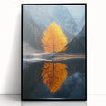 Minimalist Mountain Scene Art – Golden Tree & Lake Reflection Print