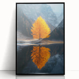 Minimalist Mountain Scene Art – Golden Tree & Lake Reflection Print