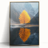 Minimalist Mountain Scene Art – Golden Tree & Lake Reflection Print
